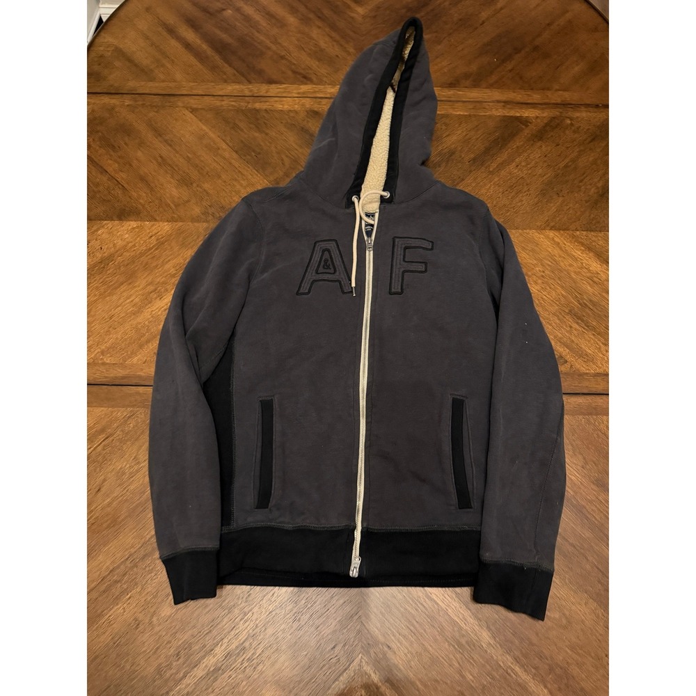 Abercrombie & Fitch Mens Sherpa Lined Full Zip Hoodie Charcoal Grey‎ AF Logo M